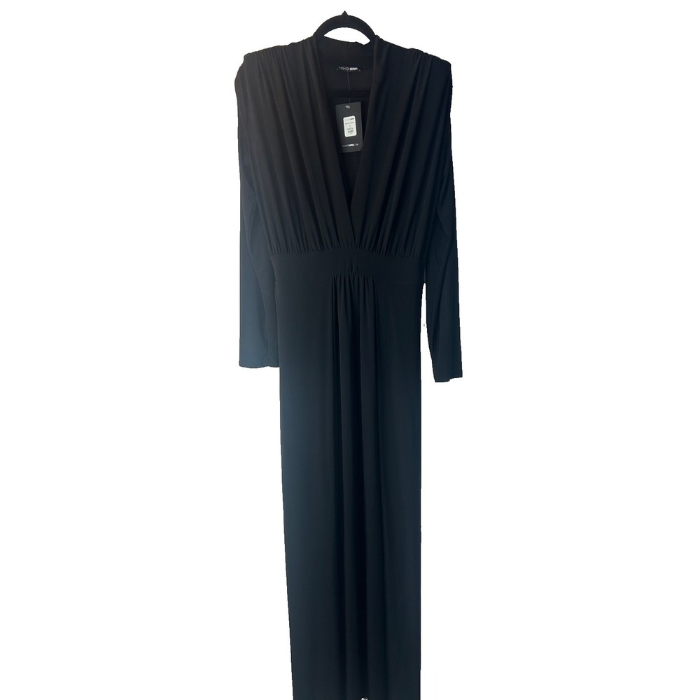 Fashion Nova Spree Dress Size XL Black Plunge Deep V-Neck High Leg Double Slit